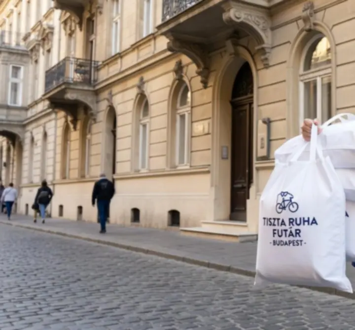 Futárszolgálat Budapest belvárosában tiszta textíliákat szállítva